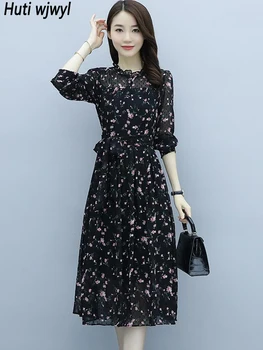 2023 Черно шифоновое рокля с цветен модел, Красива Дълга рокля с волани, Жена на Корейското Винтажное Луксозно рокля Midi, Пролет-есен Елегантна рокля за бала