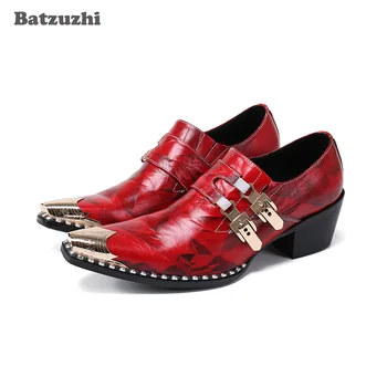 Мъжки обувки изработени ръчно Batzuzhi Златни кожени модела обувки с остър железен пръсти, Мъжки официални бизнес Кожени мъжки обувки на висок ток 6,5 см