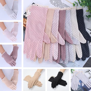 Слънчеви ръкавици Памучни Летни Ръкавици за жени с лък в грах, Женски тънки ръкавици за шофиране, слънцезащитен крем, устойчиви на хлъзгане