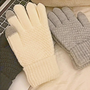 Есенно-Зимни Топли Ръкавици Premium С Чувствителен На Допир Екран, Еластични Възли Ръкавици, Вълнени Ръкавици За Пълен Пръст, Дамски Вело Ръкавици За Плетене На Една Кука