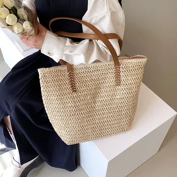 Нова лятна дамска чанта ръчна изработка на едното рамо, плажна чанта Ins Wind, Пресни селска ръчно сламена чанта
