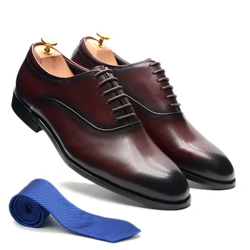 Италиански дизайнерски класически мъжки модел обувки-oxfords от мека естествена кожа, дантела с 6 проушинами и лесен пръсти, цвят бордо, вечерни обувки за сватба