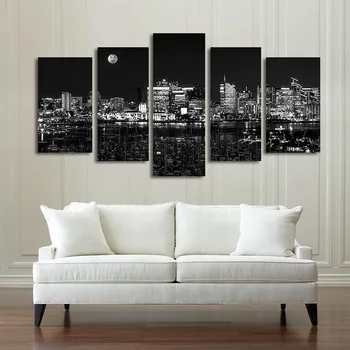 Украса на Cuadros, Модерен плакат, 5 теми, черно-бял Нощен изглед към града, Платно, Стена художествени картини за хол
