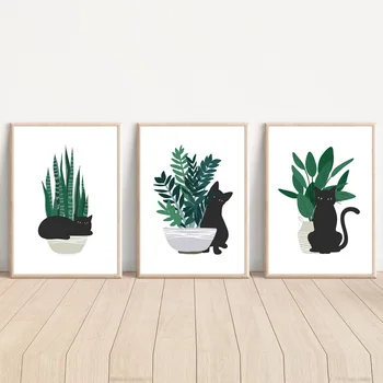 Сладък котка, Зелени растения, Листа от Агаве, Стенни картини в стил бохо, плакати на скандинавскую тема и щампи, стенни картини за вашия интериор дневна