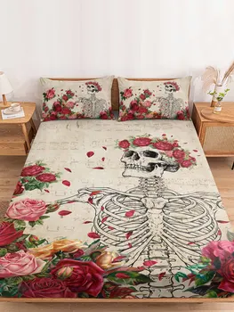 Бележки изобразяващи черепи и рози, чаршаф в ретро стил, Еластична лента, противоскользящий протектор за матрак за единично легло Двойно King