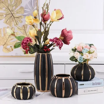 Креативна черна керамична ваза със златни ивици, Модерни саксии за цветя, декоративна договореност, Украса на масата, позлатени вази