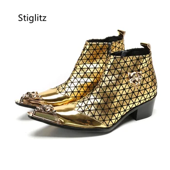 Мъжки ботильоны с метален остър пръсти, златни, с цип отстрани, луксозни зимни обувки, вечерни Сватбени ежедневни мъжки обувки 