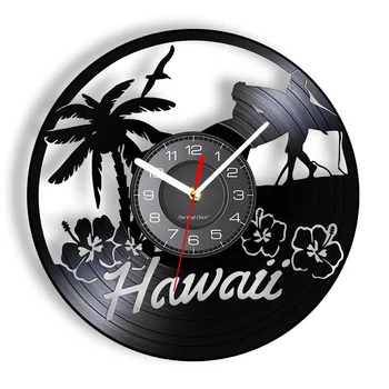 Стенен часовник с led подсветка, Хавайски морски пейзаж, Рай за сърфиране в Американския остров, Ретро стенен часовник Disk Занаятите 
