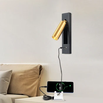 Вграден USB нощни монтиран на стената лампа в минималистичен стил, спалня, за да се учат, монтиран на стената лампа за главната спалня с превключвател, монтиран на стената лампа за четене.