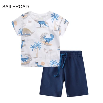 SAILEROAD 2022 Лятна детски дрехи, тениски с динозавром от картун за момчета + панталони, комплект дрехи с къси ръкави за деца, спортен костюм за тийнейджъри