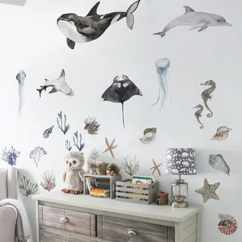 Стикер на стената в анимационни сънищата за детски стаи, интериор за детската, Винилови етикети на плочи, водоустойчиви стикери за стена под формата на китово черупки, домашен декор
