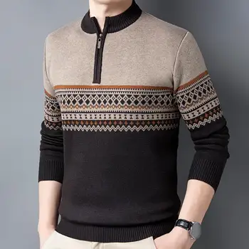 Мъжки пуловер с кръгло деколте, ретро вязаный мъжки пуловер райе с декор на цип, през цялата силует, дебел топъл пуловер за зимата