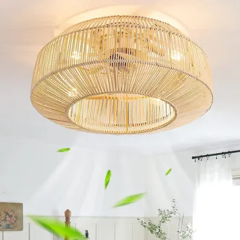 Вентилатор на тавана с осветление, невидим вентилатор от бамбуково ратан ръчно изработени в ретро стил, Модерен прост вентилатор на тавана на кухненски остров Ваби-Съби
