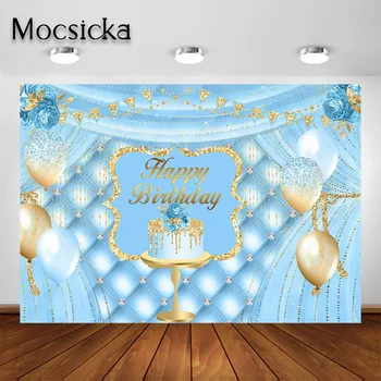Mocsicka честит Рожден Ден, на Банер, на Фона на Златен балон, Синьо таблата, Фотография за парти по случай рождения Ден на момчето, Фотосесия