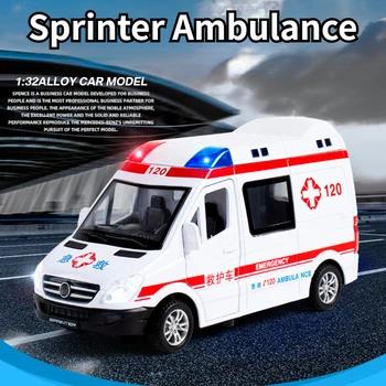 Играчки за автомобили на спешна помощ Sprinter в мащаб 1/32, модел от сплав, специална полицейска кола със светъл звук, пожарна машина за подаръци за рождения ден на детето