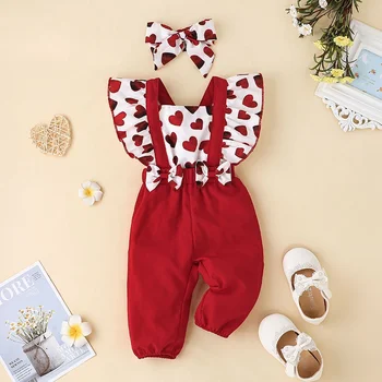Комплект костюми за новородени момичета, гащеризон за новородени бебета 0-24 месеца, Облекло за деца на червения цвят, летен гащеризон с къс ръкав за бебета