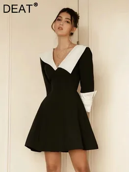 Красива рокля с V-образно деколте черно-бял контрастен цвят в стил мозайка с плиссированными ръкави-Секси елегантна рокля 2024 Пролет Нова мода 13DB3595