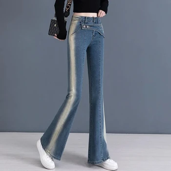 Дизайн на Градиентно-сини реколта дънки, Дамски пролетно-есенни тесни панталони-клеш с висока талия, Черни дамски ежедневни панталони от еластичен деним