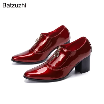 Batzuzhi/ Мъжки Обувки на висок Ток 7,5 см, С остри пръсти, Червени Ботильоны от Лачена Кожа за Мъже, Вечерни и сватбени Обувки са с цип, Голям Размер на 46