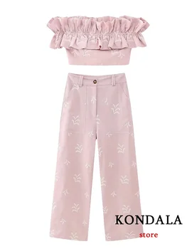 KONDALA Ретро случайни розово женски костюм Без ръкави, корсет с къдри топ с бродерия, прави панталони с ципове, Модни Летни комплекти 2023 година