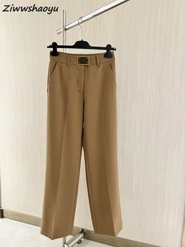 Висококачествени летни дамски модни дизайнерски панталон за подиум с висока талия, обикновена джобове с принтом, прави дълги панталони-варела