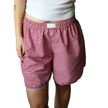 Дамски къси панталони в клетка с еластичен колан, летни ежедневните свободни къси панталони за плаж, градинска дрехи, леки и дишащи шорти