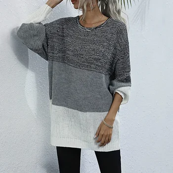 Свободен пуловер с цветни блокчета 2021, есенно-зимния женски вязаный пуловер с кръгло деколте, дълъг пуловер, дамски дрехи