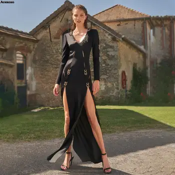 Есен ново дамско модно ежедневното метален пръстен с V-образно деколте, черна рокля с цепка и дълъг ръкав