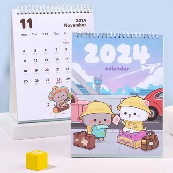 2024 Нова Лимитирана серия Mitao Cat Travel Series Lunar Calendar Honey Peach Grey Аниме Сладък Работен Календар Cartoony Декор на работния плот