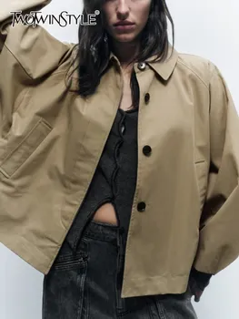 TWOTWINSTYLE, дамско палто с джобове в стил мозайка, дълъг ръкав с ревери, с копчета, свободни минималистичные палто, ново дамска мода