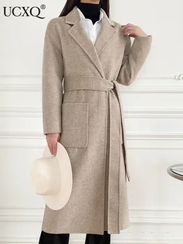 UCXQ 2023, Есен, Нова Назъбена яка, Регулируеми джобове за кръста, Висококачествени Вълнени палта За жени, Елегантно дамско палто с дълги ръкави