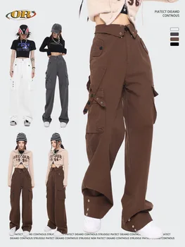 Американски Дамски панталони Есен-зима Трафика Store С Висока Талия, прави Панталони-Карго От Чист Памук, Облекла В Същия Стил За Мъже И Жени