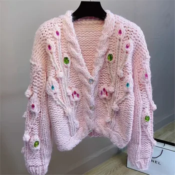 Жена с жилетка-пуловер 2023, нов розов кратък пуловер, ръчно изработени, украсени с обемни кристали, безплатна доставка