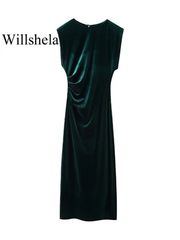 Willshela Дамско модно бархатное зелено плиссированное рокля Миди с цепка отзад, винтажное жена красива рокля без ръкав, с кръгло деколте