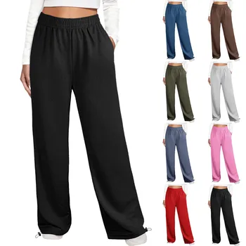 Дамски есенни обикновена ежедневни панталони с висока талия и джобове, свободни спортни панталони с завязками на штанинах, регулируеми копчета, с джобове
