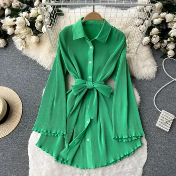 2023 Лятото Сексуалното зелено плиссированное женствена мини рокля, Обтягивающее, С пищни ръкави, дантела, с плиссированным подолом, Рокля за дамски партита, Клубни рокли